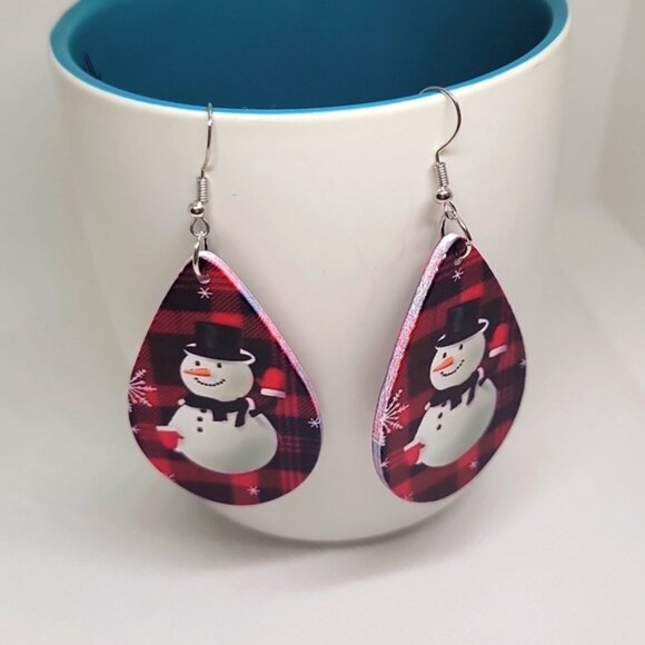 Snowman Dangle Wooden Earrings White Black Red Plaid 2 1/2" Drop New - Picture 5 of 11